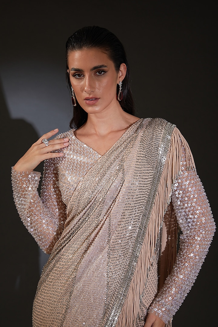 Mist Poly Georgette Draped Bridal Saree With Metallic Fringes by Rohit Gandhi & Rahul Khanna at Pernia's Pop Up Shop
