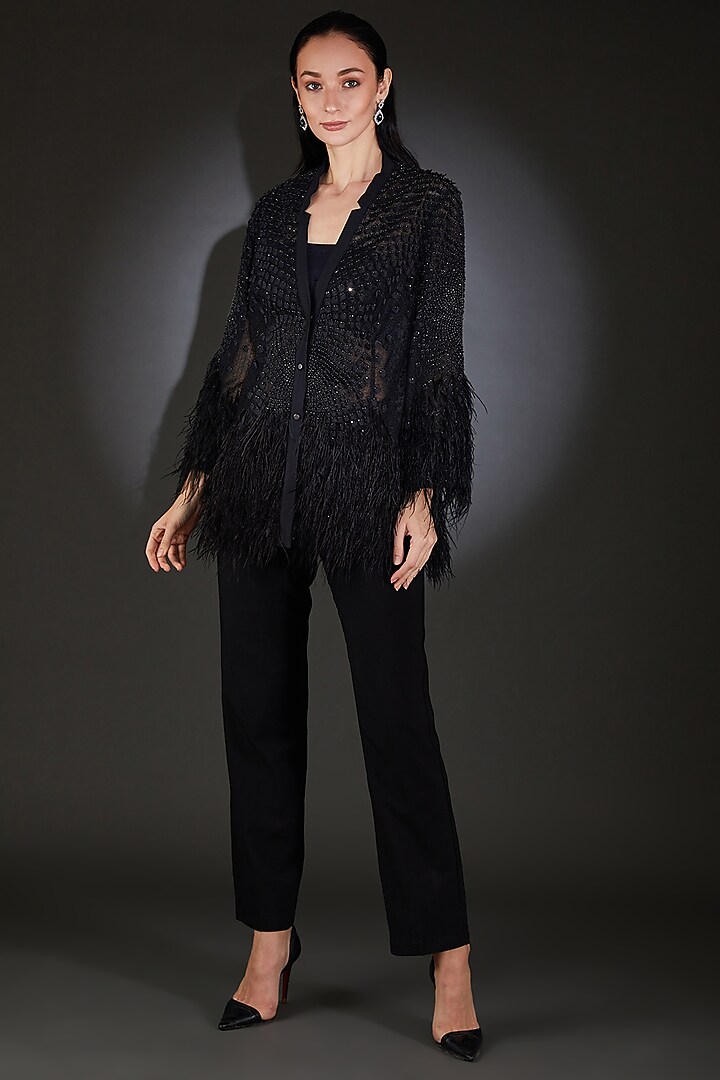 Black Poly Organza Sequins Embroidered Jacket by Rohit Gandhi & Rahul Khanna at Pernia's Pop Up Shop