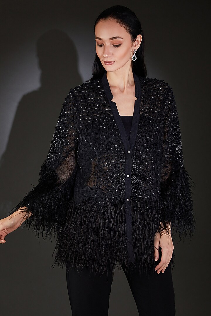 Black Poly Organza Sequins Embroidered Jacket by Rohit Gandhi & Rahul Khanna at Pernia's Pop Up Shop