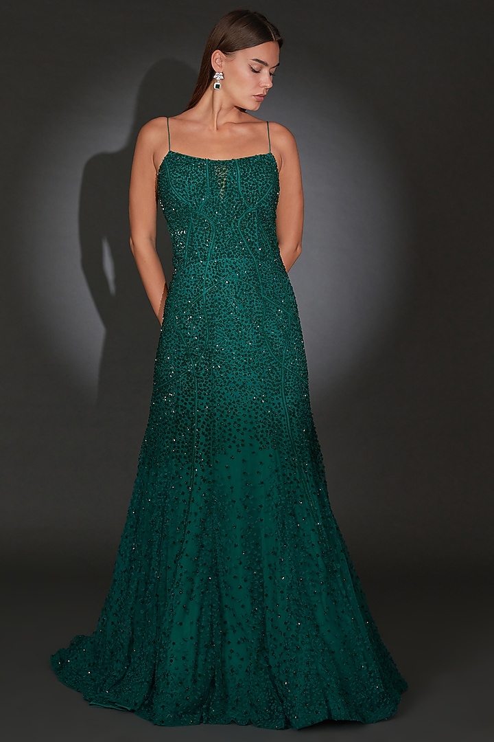 Emerald Tulle Sequin Embellished Bridal Gown by Rohit Gandhi & Rahul Khanna at Pernia's Pop Up Shop