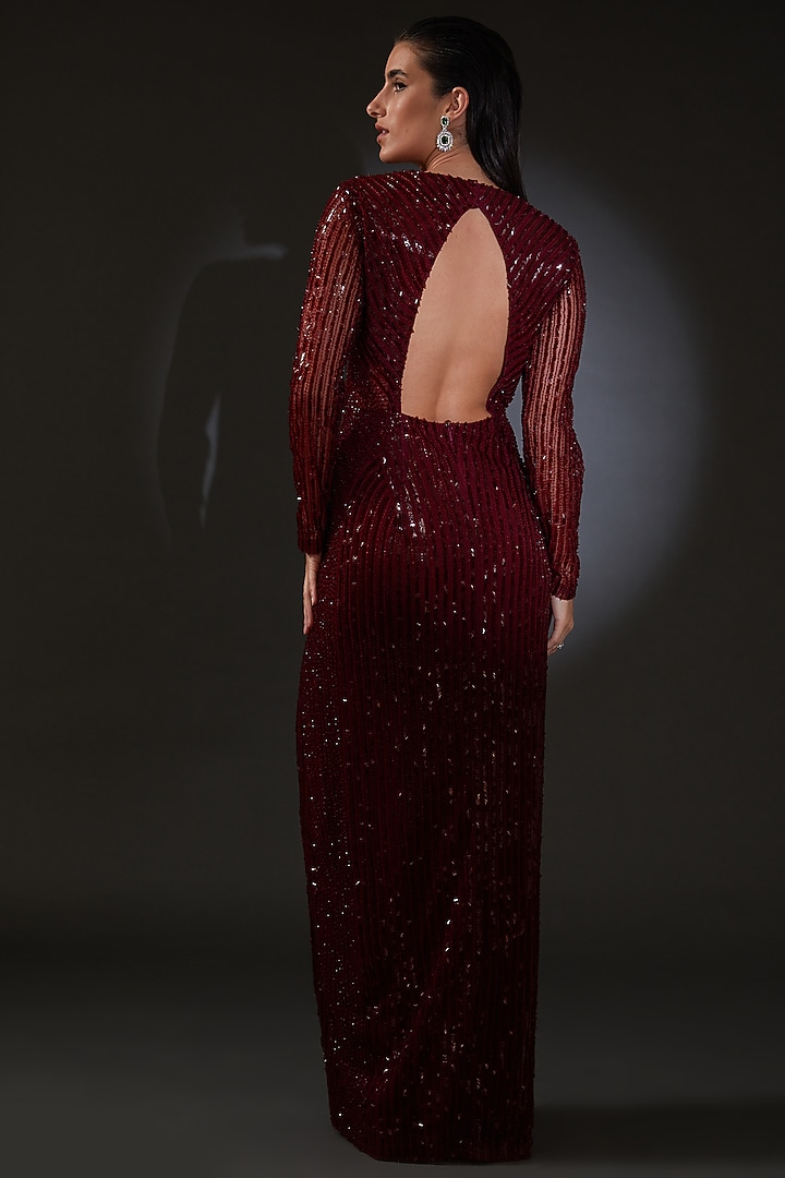 Maroon Tulle Sequins Embellished Overlapped Party Wear Dress by Rohit Gandhi & Rahul Khanna at Pernia's Pop Up Shop