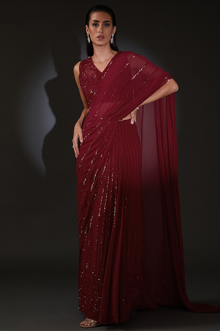 Claret Red Georgette Embroidered Saree Set by Rohit Gandhi & Rahul Khanna
