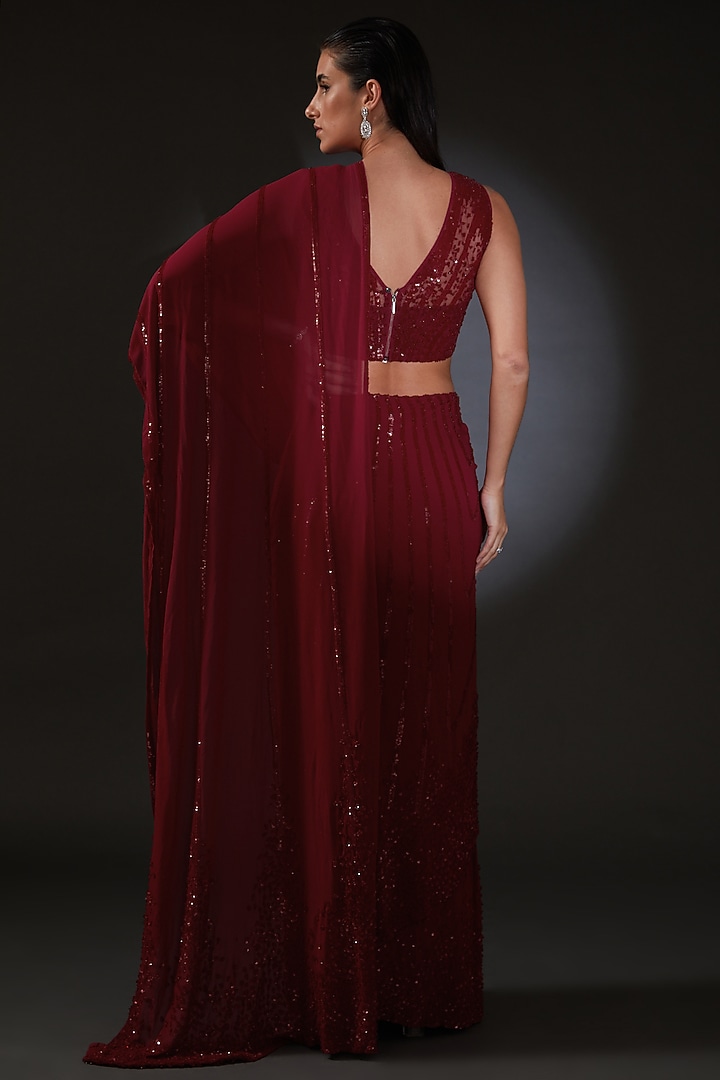 Claret Red Georgette Embroidered Reception Saree Set by Rohit Gandhi & Rahul Khanna at Pernia's Pop Up Shop