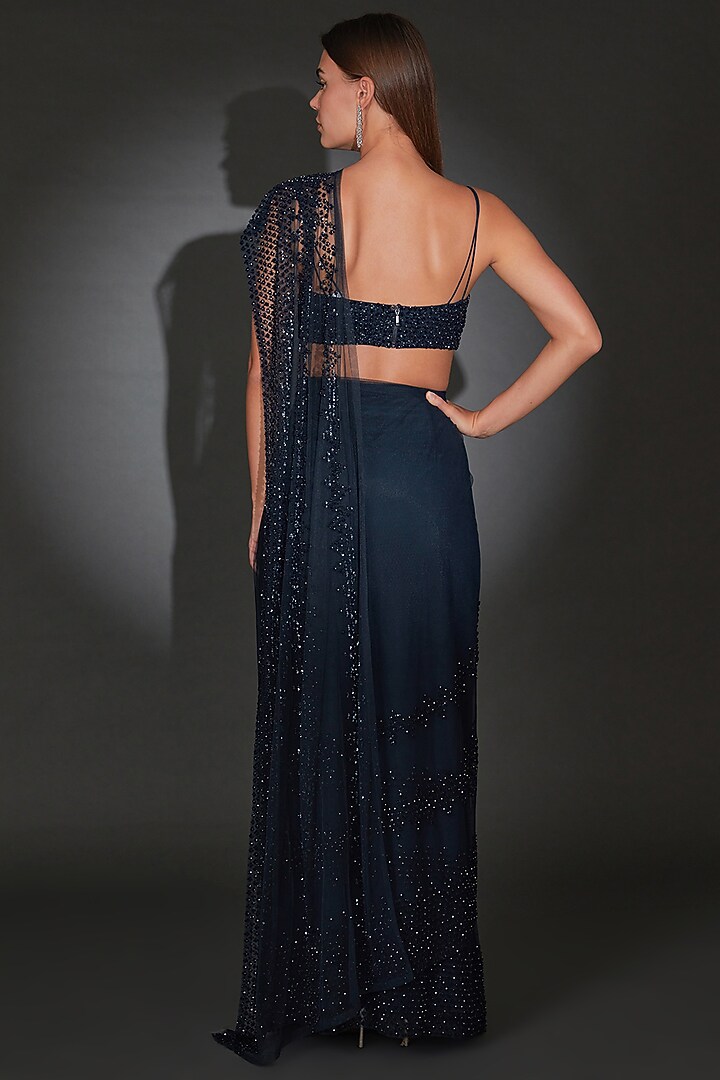 Navy Blue Tulle Embroidered Pre-Stitched Bridal Saree Set by Rohit Gandhi & Rahul Khanna at Pernia's Pop Up Shop