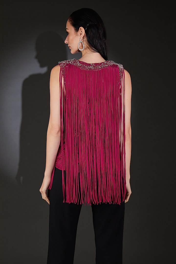 Red Satin Fringe Embellished Jacket by Rohit Gandhi & Rahul Khanna at Pernia's Pop Up Shop