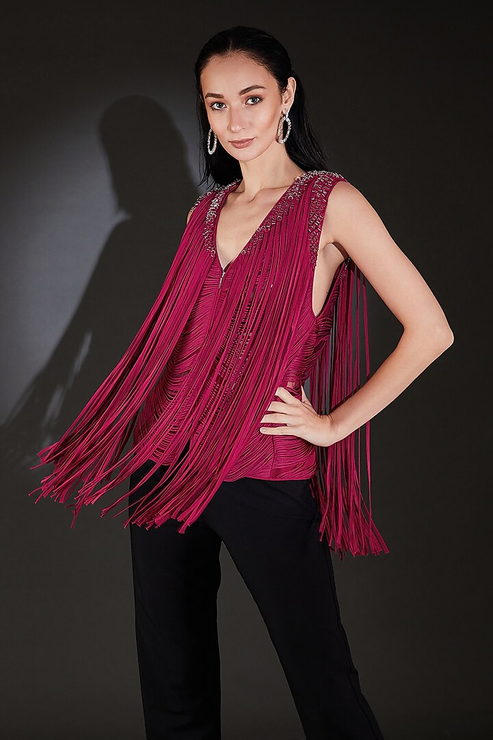 Red Satin Fringe Embellished Jacket by Rohit Gandhi & Rahul Khanna at Pernia's Pop Up Shop