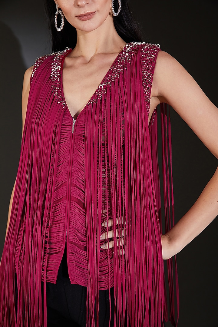 Red Satin Fringe Embellished Jacket by Rohit Gandhi & Rahul Khanna at Pernia's Pop Up Shop