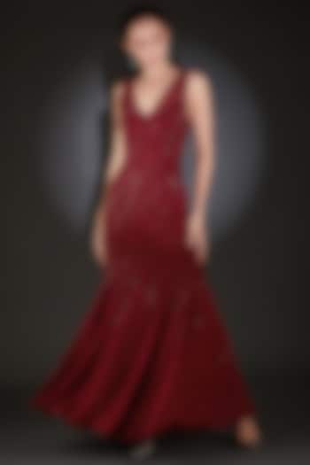 Claret Red Georgette Sequins & Beads Embroidered Flowy Gown by Rohit Gandhi & Rahul Khanna