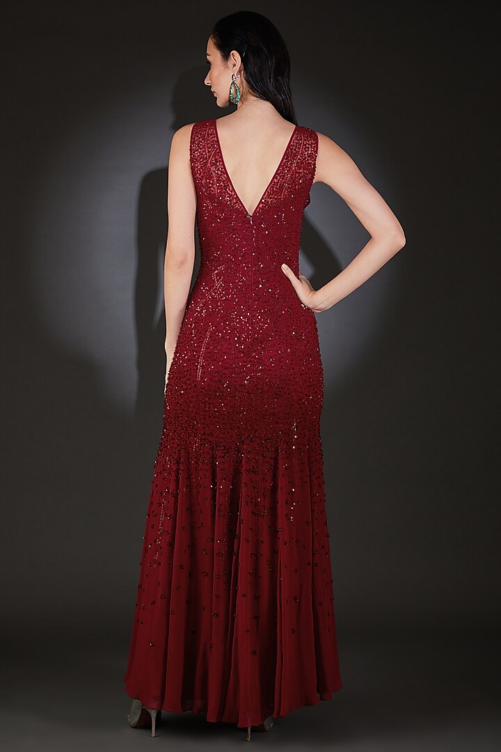 Claret Red Georgette Sequins & Beads Embroidered Flowy Wedding Gown by Rohit Gandhi & Rahul Khanna at Pernia's Pop Up Shop