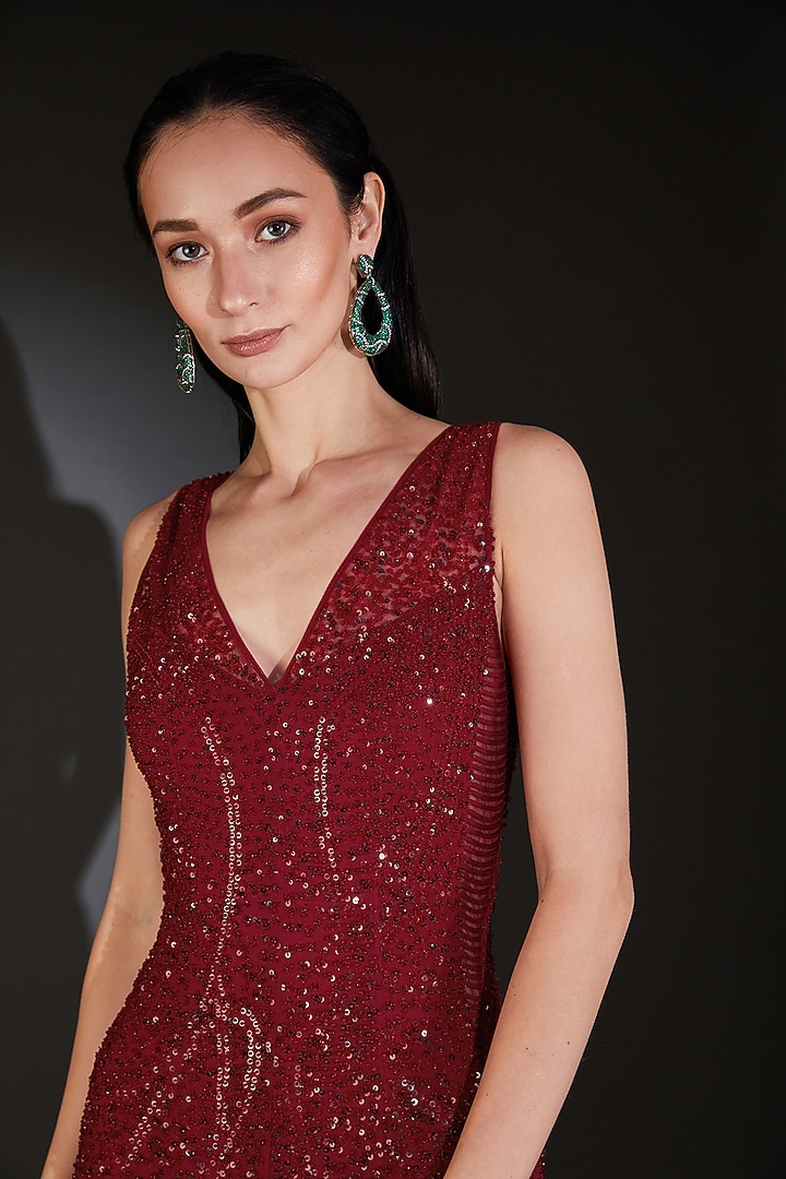 Claret Red Georgette Sequins & Beads Embroidered Flowy Wedding Gown by Rohit Gandhi & Rahul Khanna at Pernia's Pop Up Shop