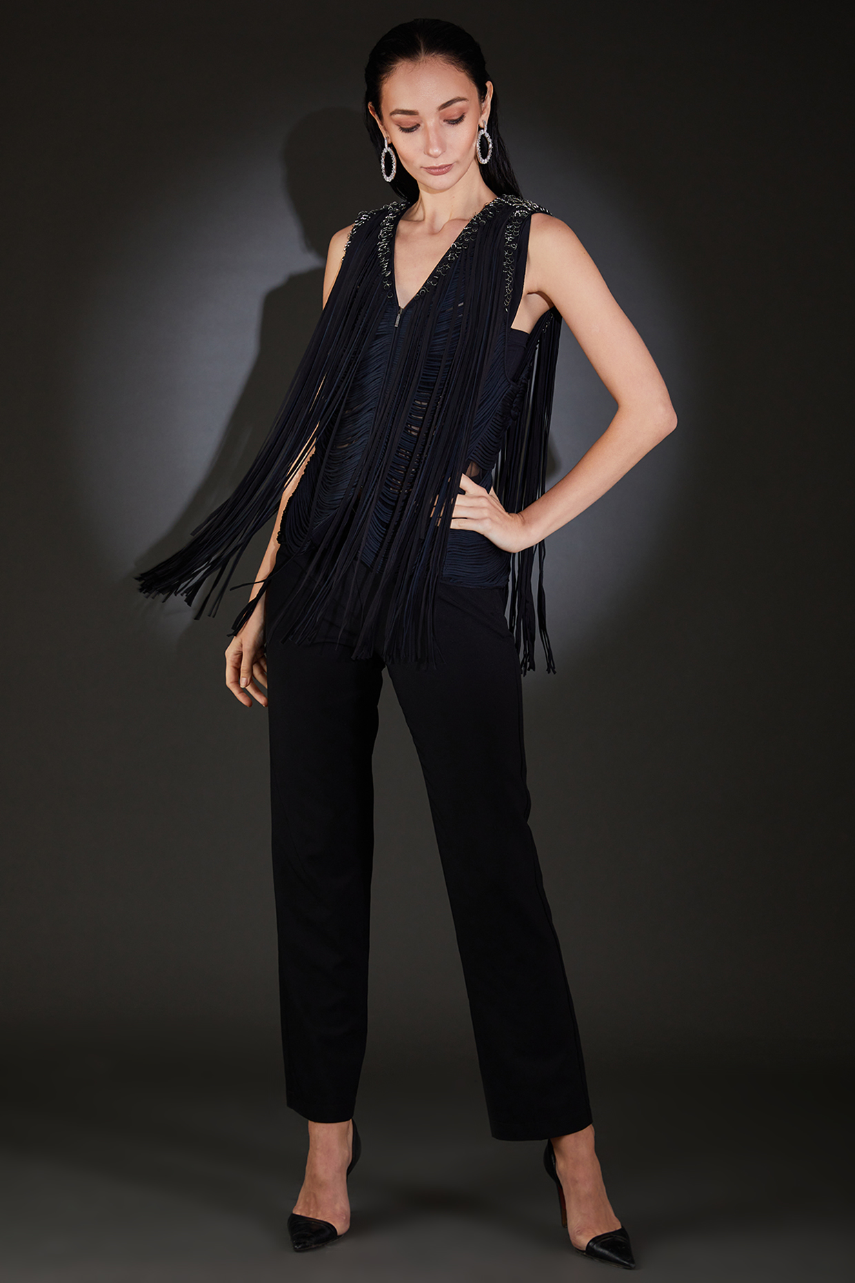 Black Satin Fringe Embellished Jacket by Rohit Gandhi & Rahul Khanna at Pernia's Pop Up Shop