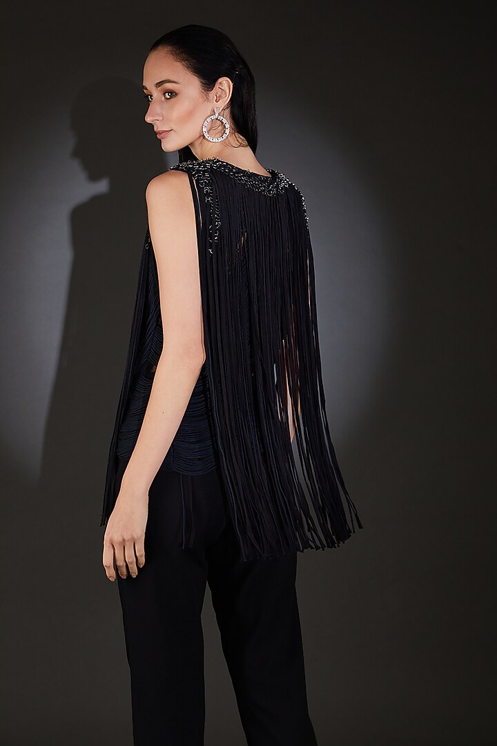 Black Satin Fringe Embellished Jacket by Rohit Gandhi & Rahul Khanna at Pernia's Pop Up Shop