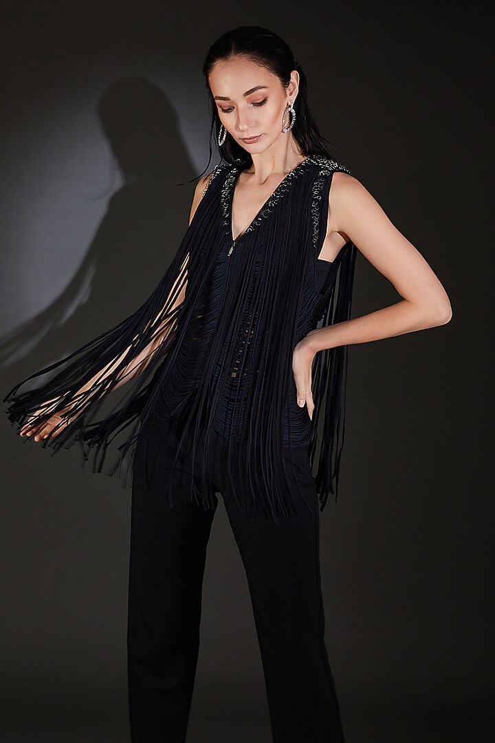 Black Satin Fringe Embellished Jacket by Rohit Gandhi & Rahul Khanna at Pernia's Pop Up Shop