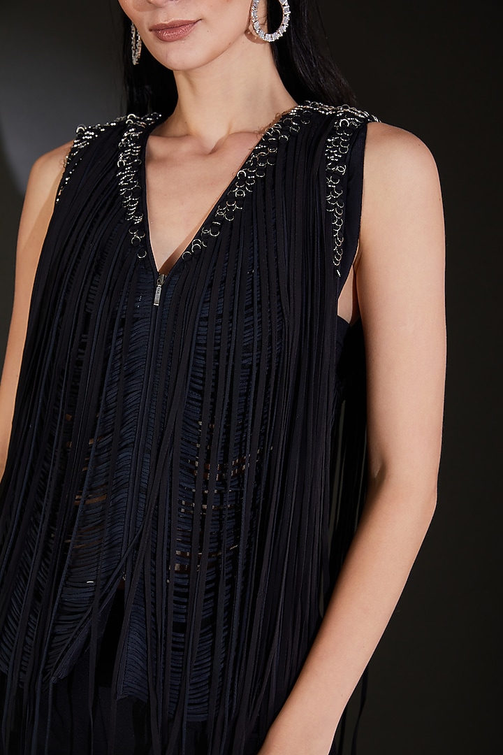 Black Satin Fringe Embellished Jacket by Rohit Gandhi & Rahul Khanna at Pernia's Pop Up Shop