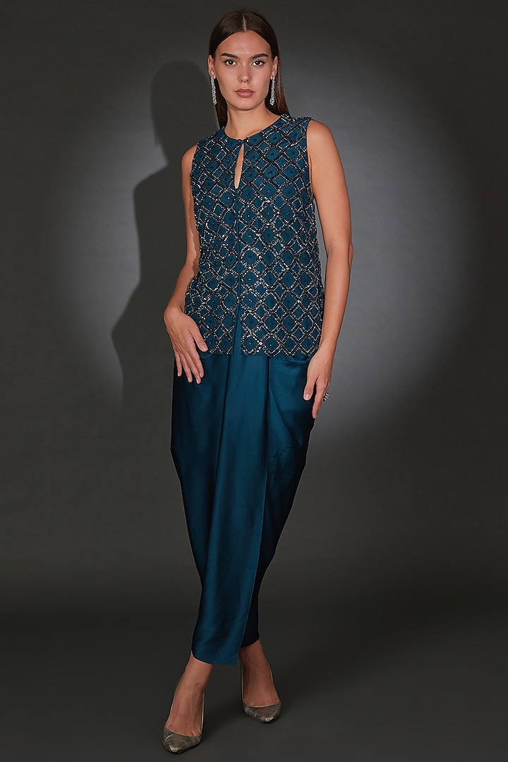 Galaxy Blue Tulle Embellished Jacket Set by Rohit Gandhi & Rahul Khanna at Pernia's Pop Up Shop