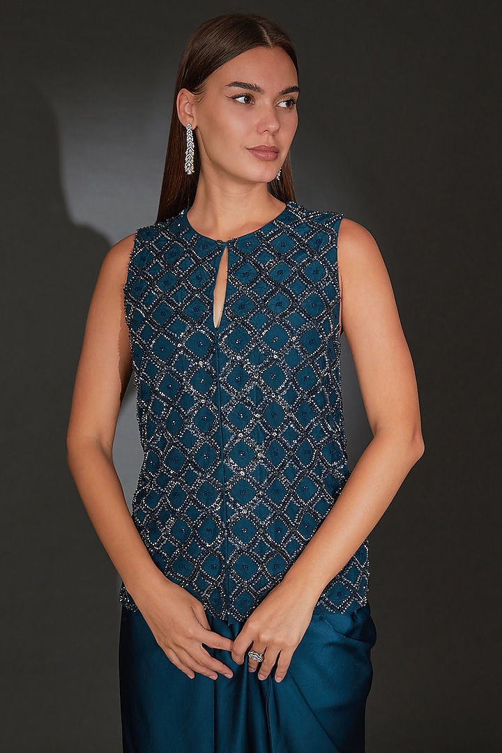 Galaxy Blue Tulle Embellished Jacket Set by Rohit Gandhi & Rahul Khanna at Pernia's Pop Up Shop
