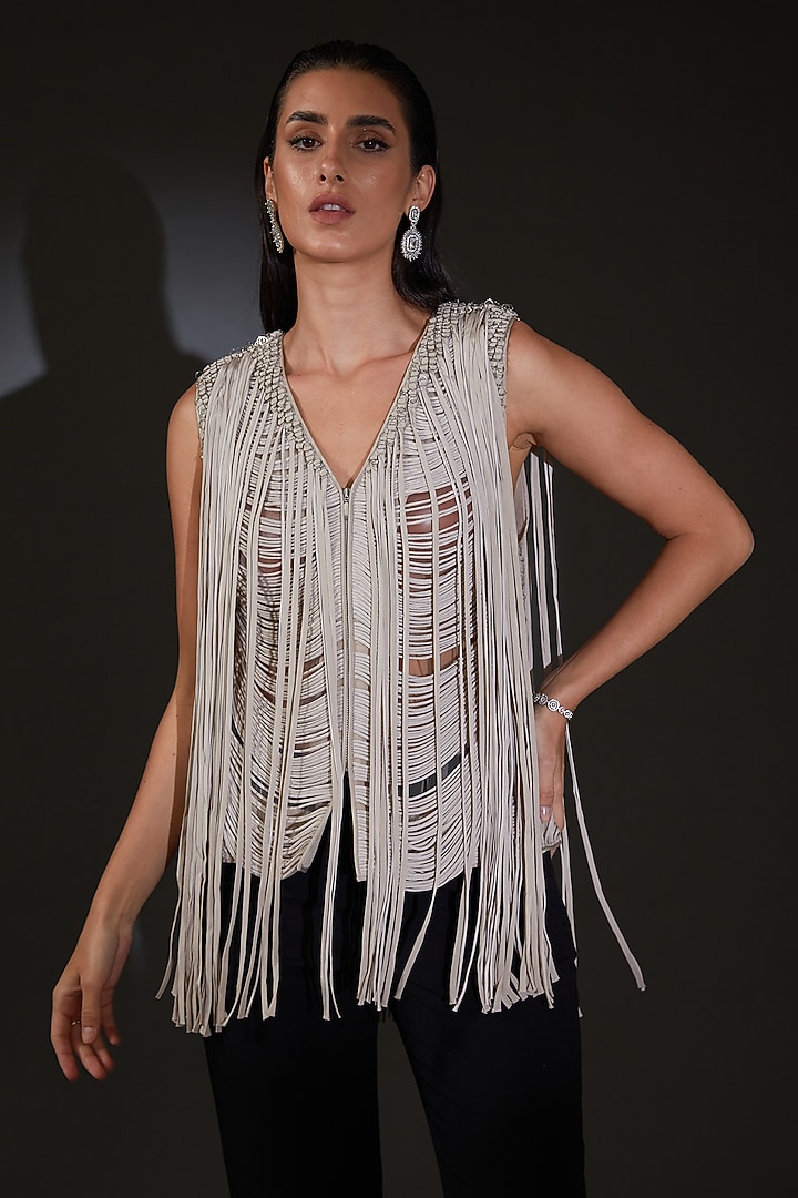 White Viscose Crepe Embroidered Jacket by Rohit Gandhi & Rahul Khanna at Pernia's Pop Up Shop