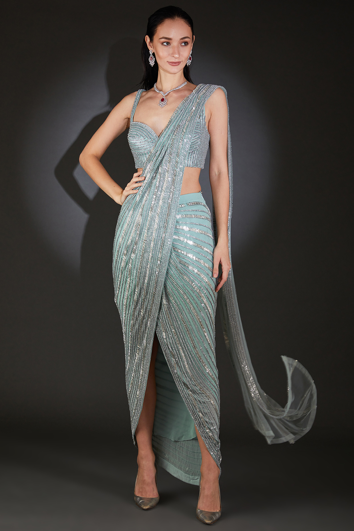 Iris Blue Silk Georgette Crystals & Sequins Embroidered Draped Bridal Saree Set by Rohit Gandhi & Rahul Khanna at Pernia's Pop Up Shop