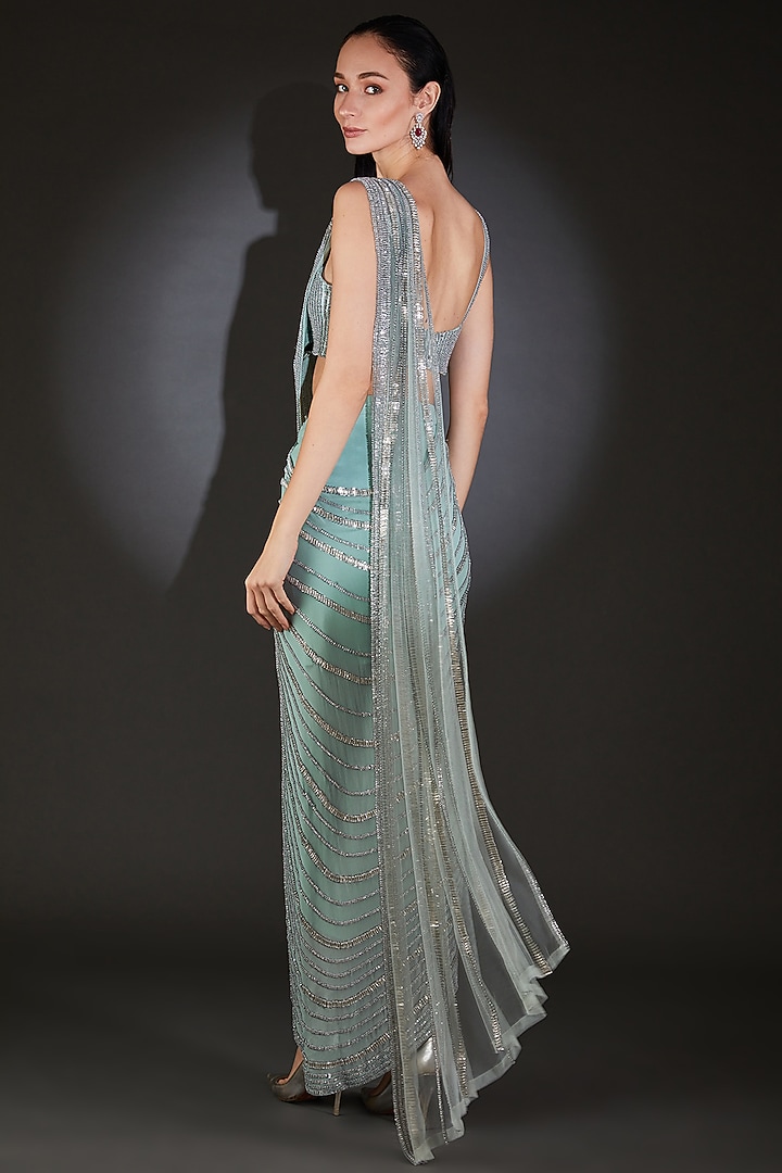 Iris Blue Silk Georgette Crystals & Sequins Embroidered Draped Bridal Saree Set by Rohit Gandhi & Rahul Khanna at Pernia's Pop Up Shop