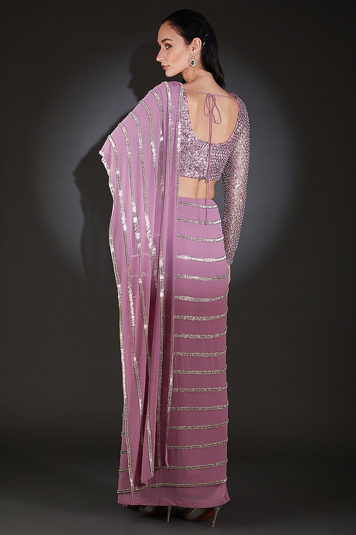 Lilac Georgette Metallic Beads Embellished Draped Reception Saree Set by Rohit Gandhi & Rahul Khanna at Pernia's Pop Up Shop