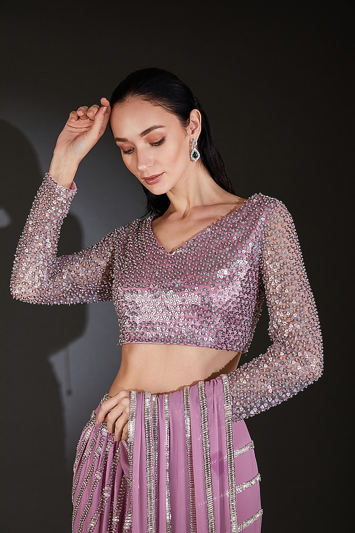 Lilac Georgette Metallic Beads Embellished Draped Reception Saree Set by Rohit Gandhi & Rahul Khanna at Pernia's Pop Up Shop