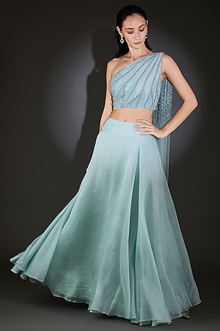 Iris Blue Viscose Sequins & Beads Embroidered Flared Lehenga Set by Rohit Gandhi & Rahul Khanna