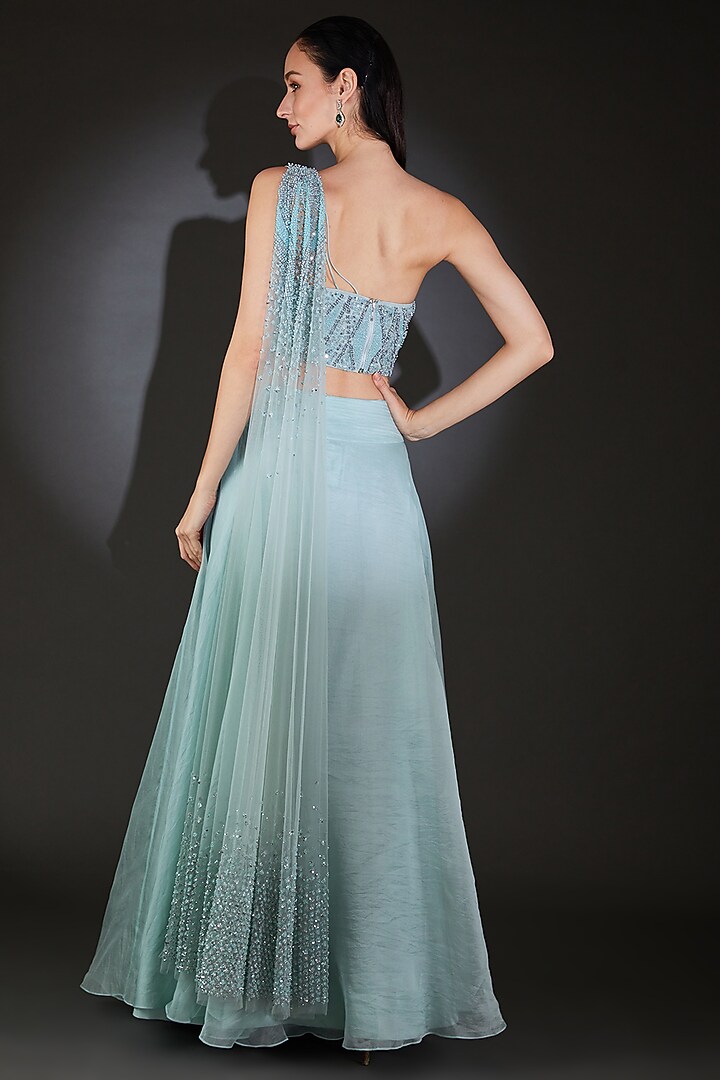 Iris Blue Viscose Sequins & Beads Embroidered Flared Wedding Lehenga Set by Rohit Gandhi & Rahul Khanna at Pernia's Pop Up Shop