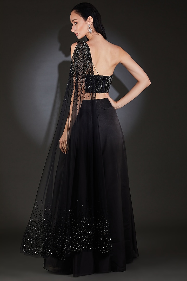 Black Viscose Sequins Embroidered Flared Wedding Lehenga Set by Rohit Gandhi & Rahul Khanna at Pernia's Pop Up Shop