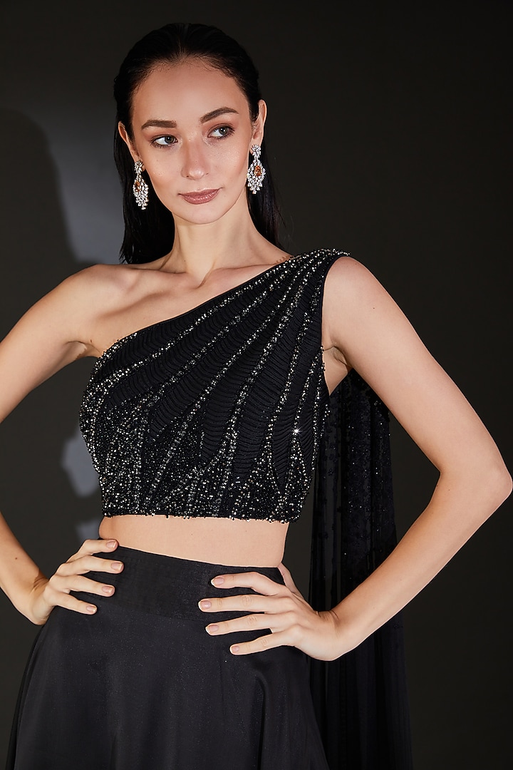 Black Viscose Sequins Embroidered Flared Wedding Lehenga Set by Rohit Gandhi & Rahul Khanna at Pernia's Pop Up Shop