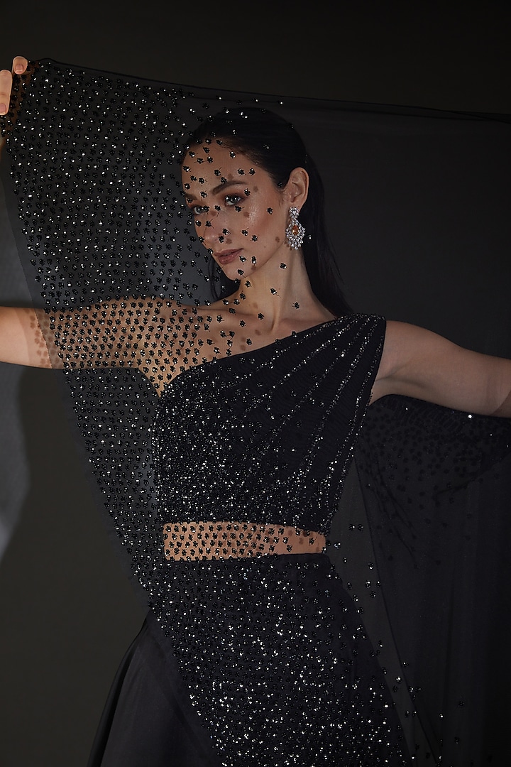 Black Viscose Sequins Embroidered Flared Wedding Lehenga Set by Rohit Gandhi & Rahul Khanna at Pernia's Pop Up Shop