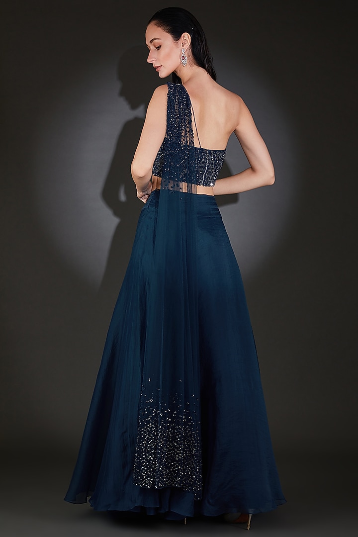 Galaxy Blue Viscose Beads & Sequins Embroidered Flared Wedding Lehenga Set by Rohit Gandhi & Rahul Khanna at Pernia's Pop Up Shop