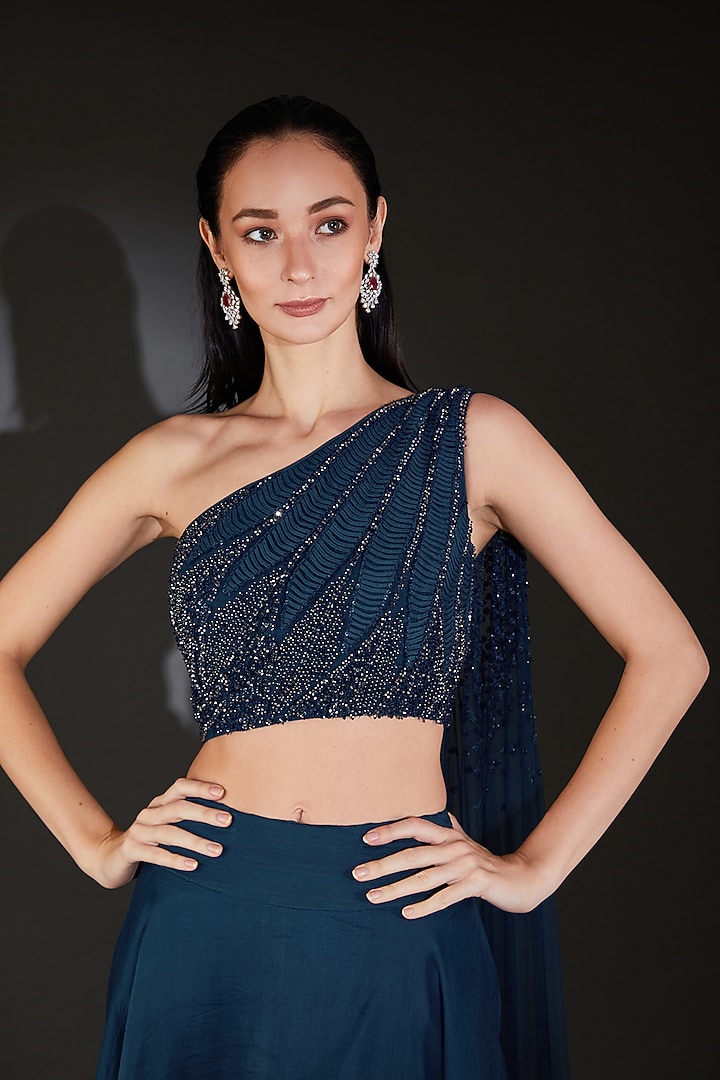 Galaxy Blue Viscose Beads & Sequins Embroidered Flared Wedding Lehenga Set by Rohit Gandhi & Rahul Khanna at Pernia's Pop Up Shop