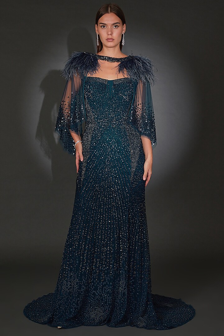 Galaxy Blue Tulle Embroidered Gown by Rohit Gandhi & Rahul Khanna