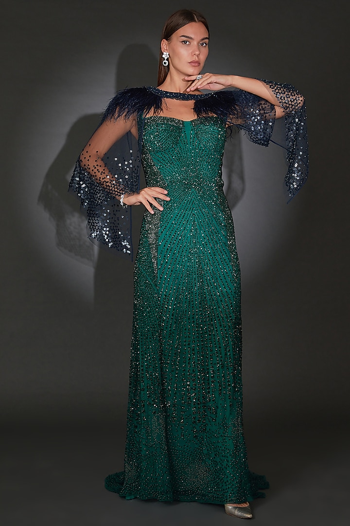Green Tulle Embroidered Gown by Rohit Gandhi & Rahul Khanna