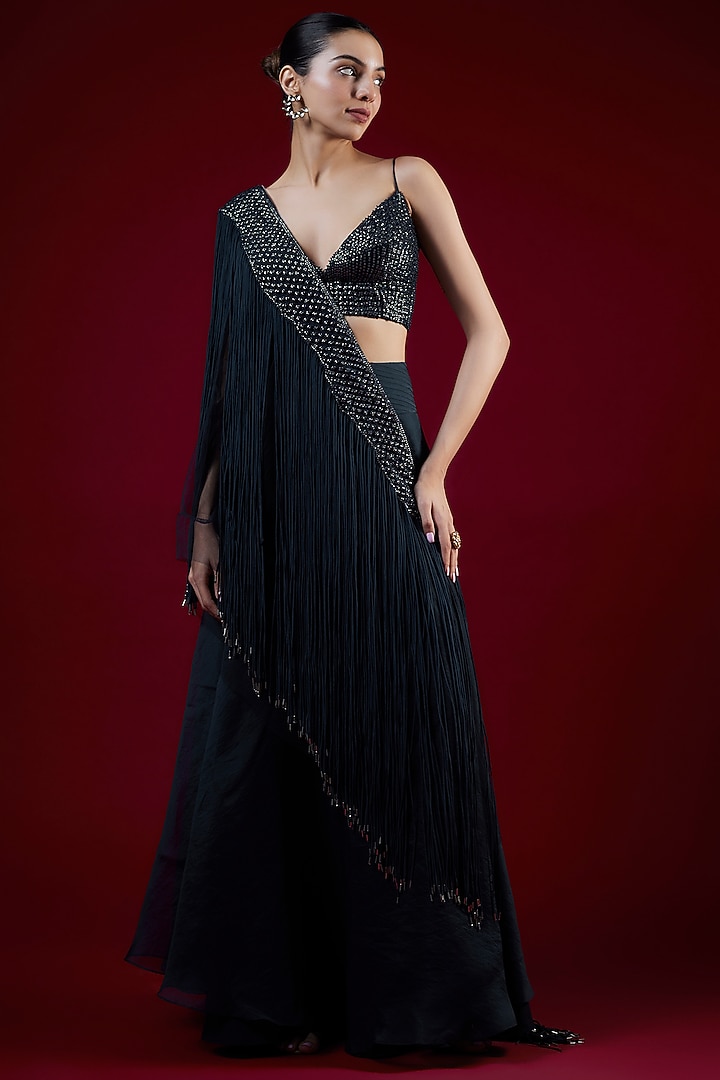 Navy Blue Silk Organza Crystal Embellished Bridal Lehenga Set by Rohit Gandhi & Rahul Khanna at Pernia's Pop Up Shop