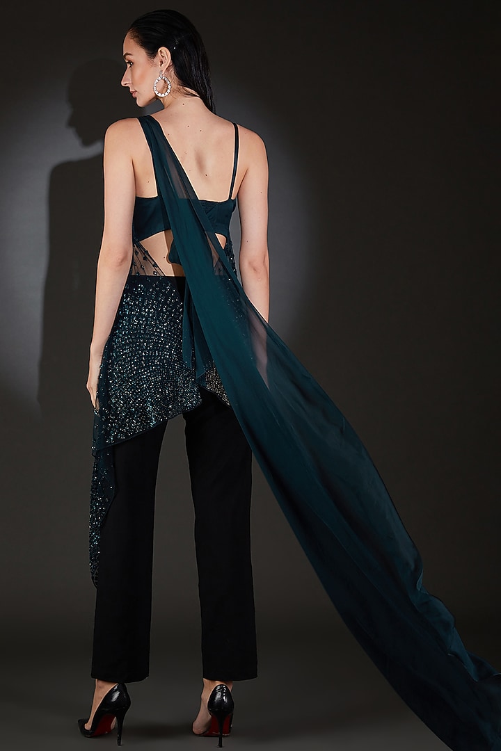 Imperial Teal Tulle Sequins Embellished Metallic Asymmetrical Top by Rohit Gandhi & Rahul Khanna at Pernia's Pop Up Shop
