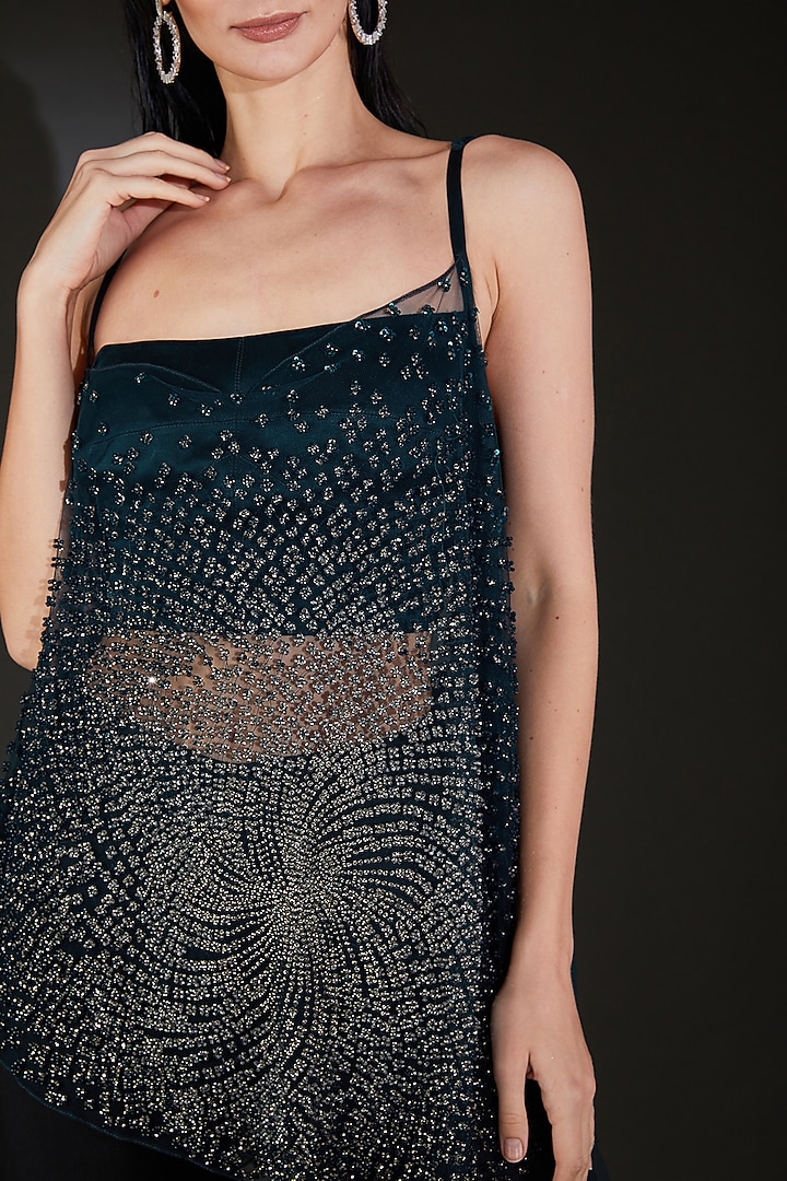 Imperial Teal Tulle Sequins Embellished Metallic Asymmetrical Top by Rohit Gandhi & Rahul Khanna at Pernia's Pop Up Shop