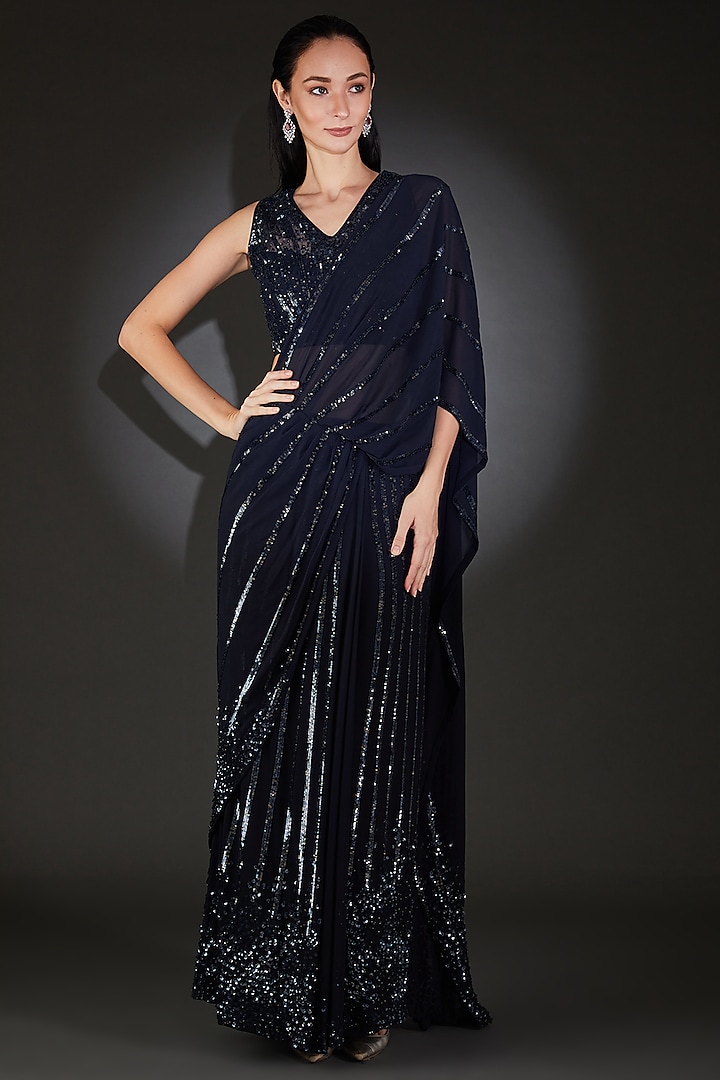 Dark Navy Tulle Embroidered Handcrafted Saree Set by Rohit Gandhi & Rahul Khanna