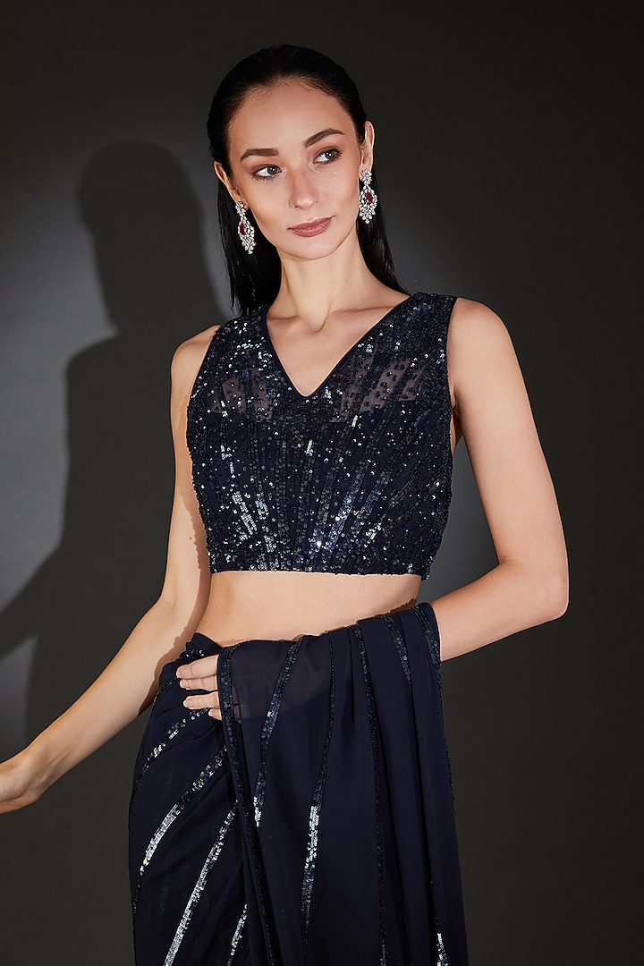 Dark Navy Tulle Embroidered Handcrafted Bridal Saree Set by Rohit Gandhi & Rahul Khanna at Pernia's Pop Up Shop
