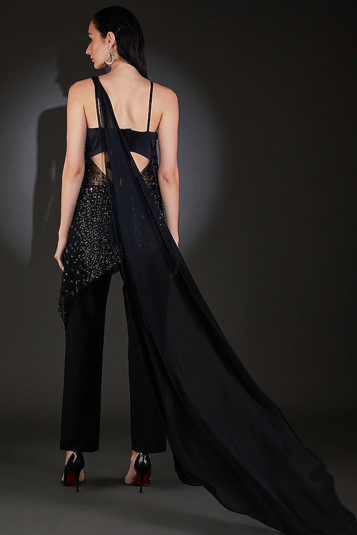 Black Tulle Sequins Embellished Metallic Asymmetrical Top by Rohit Gandhi & Rahul Khanna at Pernia's Pop Up Shop