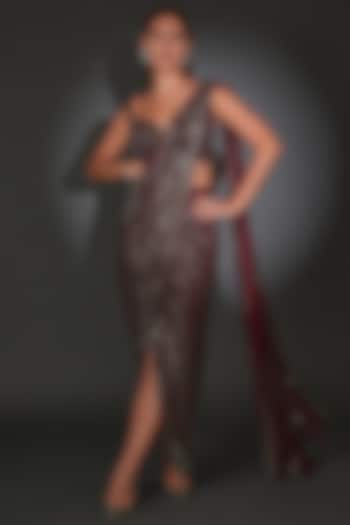 Maroon Georgette Embroidered Draped Bridal Saree Set by Rohit Gandhi & Rahul Khanna at Pernia's Pop Up Shop