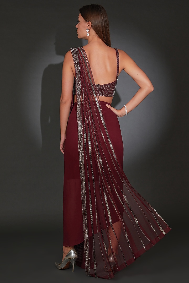 Maroon Georgette Embroidered Draped Bridal Saree Set by Rohit Gandhi & Rahul Khanna at Pernia's Pop Up Shop