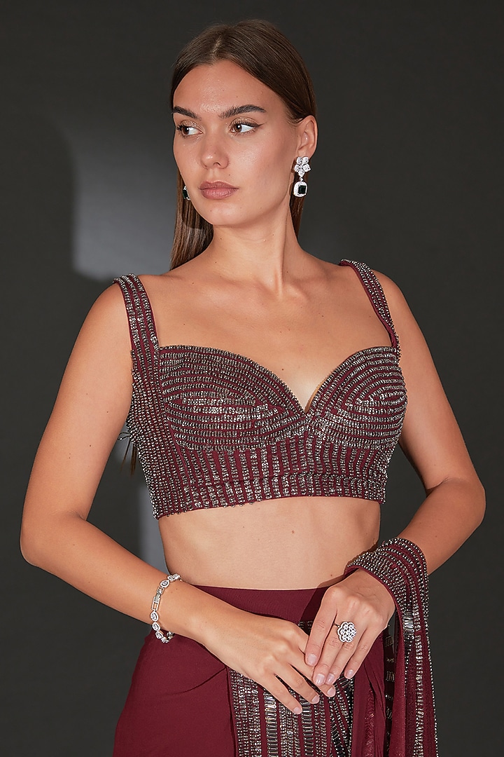 Maroon Georgette Embroidered Draped Bridal Saree Set by Rohit Gandhi & Rahul Khanna at Pernia's Pop Up Shop