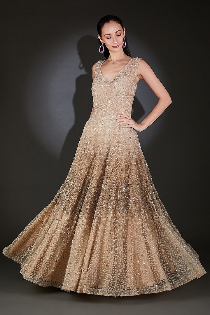 Mist Tulle Sequins Embroidered Ombre Gown by Rohit Gandhi & Rahul Khanna
