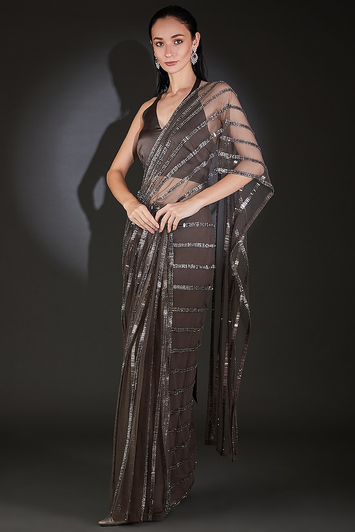 Brown Nylon Tulle Metallic & Beads Embellished Draped Saree Set by Rohit Gandhi & Rahul Khanna