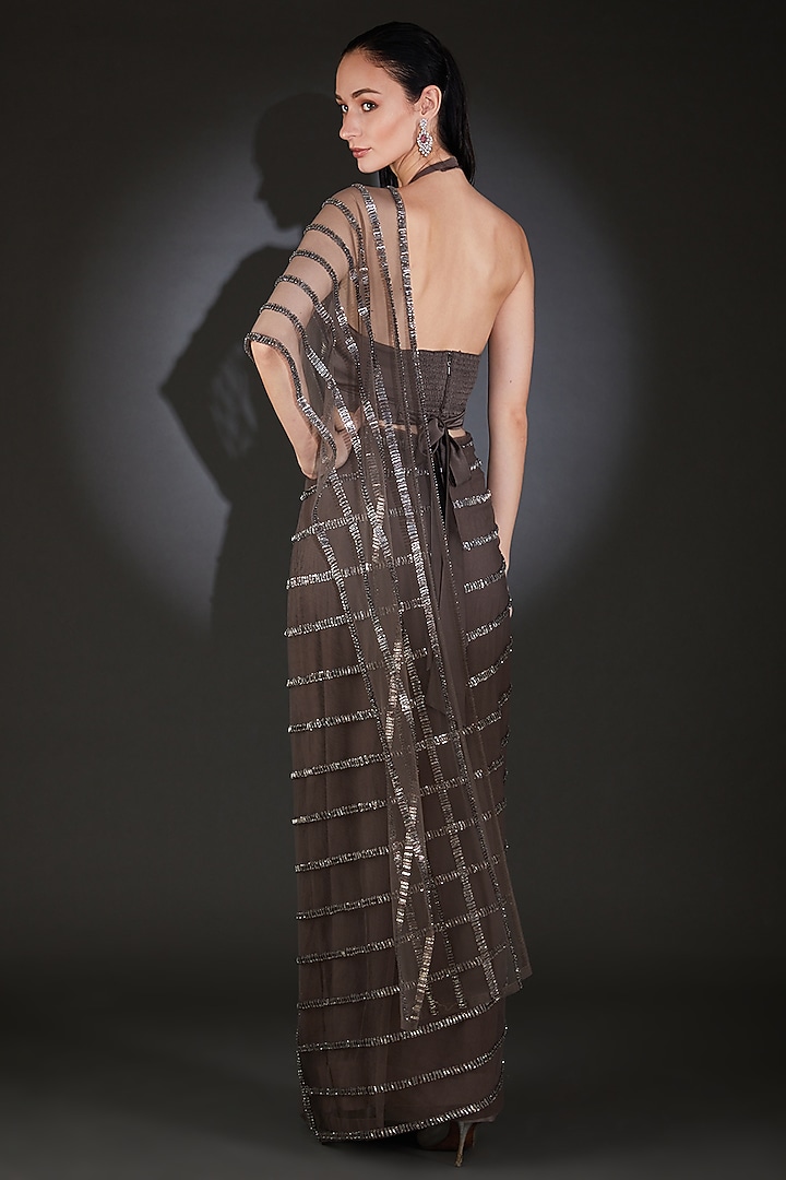Brown Nylon Tulle Metallic & Beads Embellished Draped Reception Saree Set by Rohit Gandhi & Rahul Khanna at Pernia's Pop Up Shop