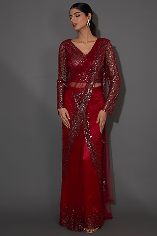 Crimson Red Tulle Sequins Embellished Saree Set by Rohit Gandhi & Rahul Khanna