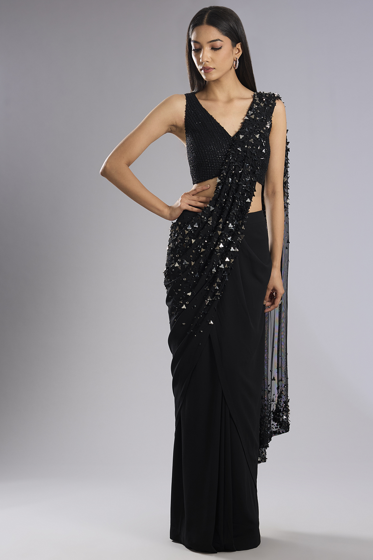 Black Tulle Sequins Embellished Draped Reception Saree Set by Rohit Gandhi & Rahul Khanna at Pernia's Pop Up Shop