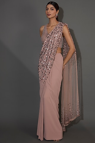 Blush Pink Silk Crepe Floral Embellished Gown Saree by Rohit Gandhi & Rahul Khanna