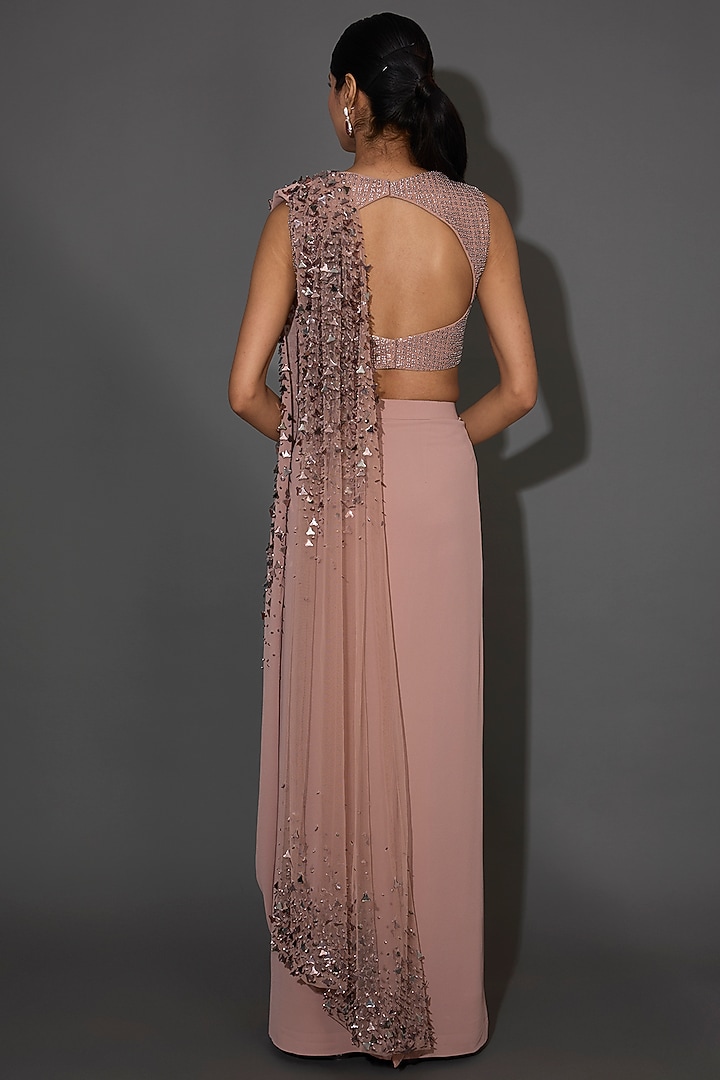 Blush Pink Silk Crepe Floral Embellished Gown Reception Saree by Rohit Gandhi & Rahul Khanna at Pernia's Pop Up Shop